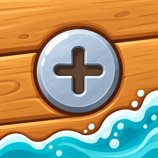 Lost at the Boardwalk app icon: a screw head set into a wooden plank with a wave rolling in