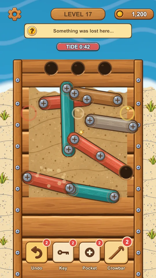 Level 17: a stack of coloured wooden logs pinned with screws over sand, with a tide timer at the top and Undo, Key, Pocket and Crowbar power-ups at the bottom