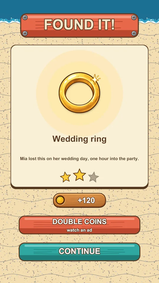 Found it screen: a gold wedding ring with its owner's story, two stars and a coin reward