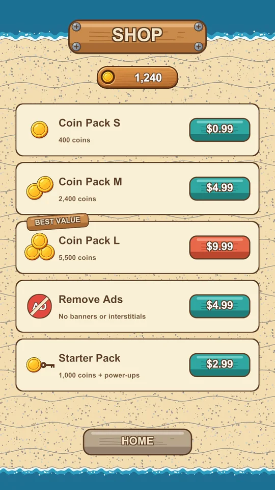 Shop screen with coin packs, a Remove Ads option and a starter pack
