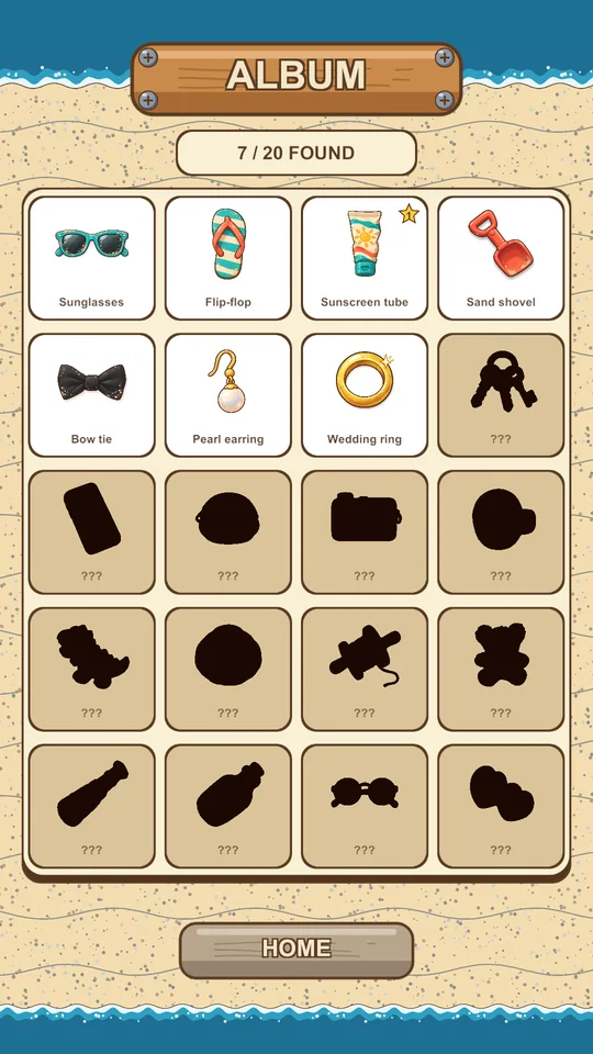 Lost and Found album showing seven of twenty items found and the rest as silhouettes
